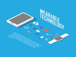 Smart watch concept illustration. Smartwatch and smartphone as wearable technology with icons for apps interface. Eps10 vector illustration.