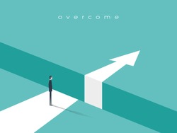 Business challenge or obstacle vector concept with businessman standing on the edge of gap, chasm with arrow going through. Concept of courage, bravery, risk. Eps10 vector illustration.