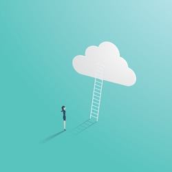 Business success vector concept with businessman standing in front of ladder leading up to the cloud. Symbol of career opportunity, ambition, corporate ladder and growth. Eps10 vector illustration.
