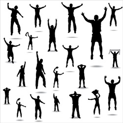 Set of poses from fans for sports championships and music concerts.