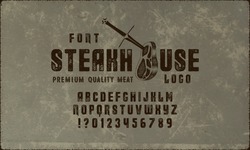 Custom handwritten alphabet. Retro textured hand drawn typeface with grunge effect. Letters and Numbers. Serif Font.Set of Textured meat and steak Badges, Emblems, Logos and Design Elements.
