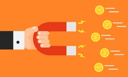 Hand holding magnet. Attraction money. Business concept. Magnetic force. Earn money. Profit, income. Vector illustration in flat style isolated on background.