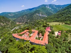Aerial view of Bachkovo monastery in Rhodope Mountains, Bulgaria