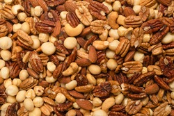 Mix of nuts as a background. Top view. 