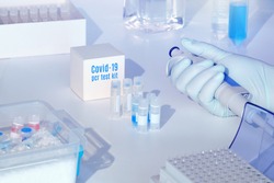 Quick novel coronavirus test kit. 2019 nCoV pcr diagnostics kit. Hand in glove with automatic pipette. RT-PCR kit to detect covid19 virus in clinical samples. Тest based on real-time PCR technology.
