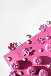 Magenta pumpkins, mirror ballsm star cookies, dry Fall leaves painted metallic pink. Vibrant fuchsia paper background. Monochromatic flat lay, off white copy-space.
