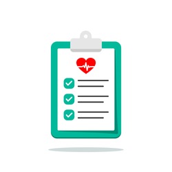 Clip board with hospital documents. Medical insurance forms. Doctor paperwork. Hospital documents with heartbeat icon. Illustration in flat style.