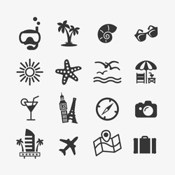 
Vacation icons set. Vector illustrations with the concept of rest in exotic places and on the coast of the sea. Flat style.