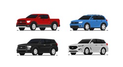 Car suv collection. Auto side view. Red, blue, black and white automobile. Vector illustrayion in flat style.
