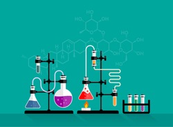 Education and science concept banner. Chemistry lab and science equipment.
Pharmacy and chemistry theme. Test glass flask with solution in research laboratory. 