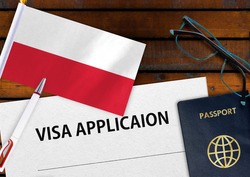 Flag of Poland, visa application form and passport on table