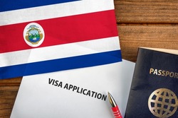  Visa application form, passport and flag of Costa Rica 