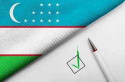 pencil, flag of Uzbekistan and check mark on paper sheet 