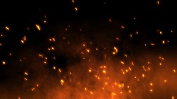 Burning red hot sparks fly from large fire in the night sky. Beautiful abstract background on the theme of fire, light and life. Fiery orange glowing flying away particles over black background in 4k