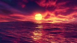 Red beautiful sunset over ocean. The glowing sun shines on dusk with water swells and light reflections. Red sky and amazing sea with waves. Summer sunrise seascape in 4K