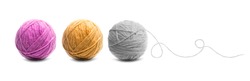 Different color balls of threads wool yarn isolated on white background