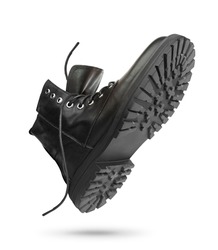 Black boots isolated on white. Steel cap leather boots isolated on white. Black combat men boot, black Military boots at Through use. With clipping path