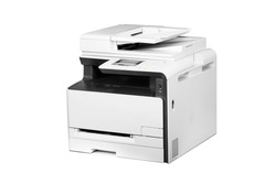 Business Smart Laser Multifunction Printer Isolated on White. Home Colour Document and Photo Laser Printer with Copier, Fax and Scanner. Office Printing Appliances. With clipping path