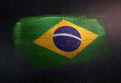 Brazil Flag Made of Metallic Brush Paint on Grunge Dark Wall