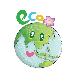 Earth with smiling face. Nature concept. Eco design for earth day. Globe drawing in doodles style.