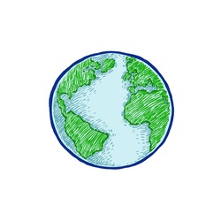Earth icon hand-drawn on white background. World map or globe in doodles style. Environment design for earth day.