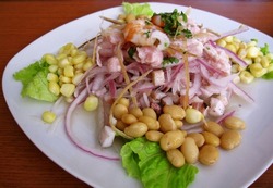 Peruvian ceviche, a seafood dish popular in the coastal regions of Latin America, Typical made from fresh raw fish cured in lemon or lime juice and spiced with chili peppers