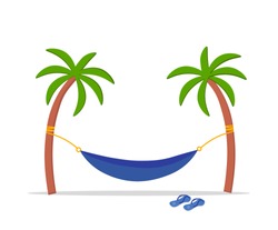 A hammock hanging in the middle of two palms. Concept of summer holidays, rest. Sandals near the hammock. Background of tropical trees and sea. Downshifting. Flat vector. Isolated on white background.