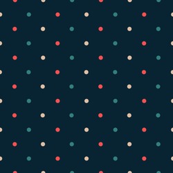 Elegant polka dot seamless pattern. Gold, red, green colors. Small dots on dark blue background. 