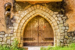 Facade Of Wooden Door At A Catholic Monastery In Dalat City, Vietnam.