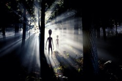 The meeting with an alien civilization - blurred aliens figure and light of an UFO spaceship landing in the forest