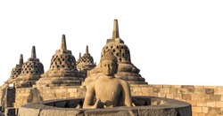 Statue and Stupa in Borobudur temple (Java, Indonesia) isolated on white background