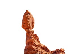 Balanced Rock isolated on white background. It is one of the most popular features of Arches National Park