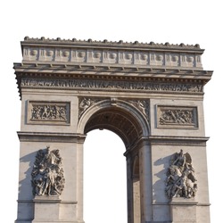 The Arc de Triomphe de l'Etoile isolated on white background. It is one of the most famous monuments in Paris, France