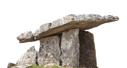 Poulnabrone dolmen isolated on white background. It is large dolmen or portal tomb located in the Burren, County Clare, Ireland. 