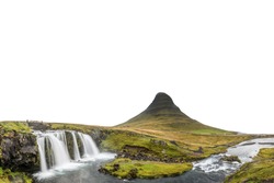 Kirkjufell (Icelandic: Church Mountain) and Kirkjufellsfoss waterfall isolated on white background. 