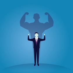 Vector illustration. Business power concept. Businessman standing in front of his own muscular shadow showing his inner strength. Self confidence. Future goal. Self development