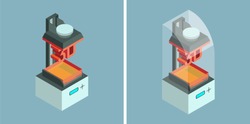 SLA (laser stereolithography) 3d printer. Vector isometric icons