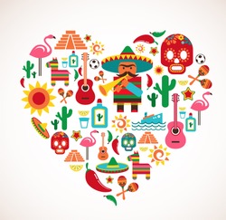 Mexico love - heart with set of vector illustrations