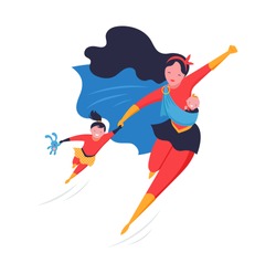 Super Mom. Flying superhero mother carrying a baby. Vector illustration