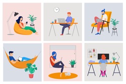 Working at home, coworking space, concept illustration. Young people, mаn and womаn freelancers working on laptops and computers at home. Vector flat style illustration