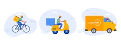 Online delivery service concept, online order tracking, delivery home and office. Warehouse, truck, drone, scooter and bicycle courier, delivery man in respiratory mask. Vector illustration