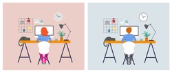 Working at home, coworking space, concept illustration. Young people, man and woman freelancers working on laptops and computers at home. People at home in quarantine. Vector flat style illustration
