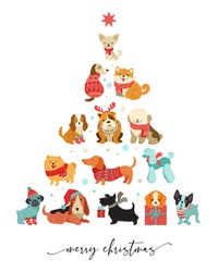 Collection of Christmas dogs, Merry Christmas illustrations of cute pets with accessories like a knitted hats, sweaters, scarfs, vector graphic elements