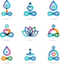 Collection of yoga, zen, meditation icons, colorful elements and symbols