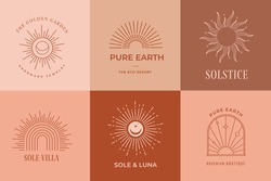 Bohemian linear logos, icons and symbols, sun design templates, terracotta geometric abstract design elements for decoration. 