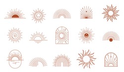 Bohemian linear logos, icons and symbols, sun, arc, window design templates, geometric abstract design elements for decoration. 