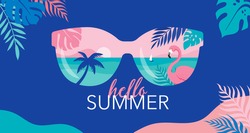 Summer time fun concept design. Creative background of landscape, panorama of sea and beach on sunglasses. Summer sale, post template