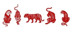 Chinese new year 2022 year of the tiger - Collection of red traditional Chinese zodiac symbol, illustrations, art elements. , Lunar new year concept, modern design