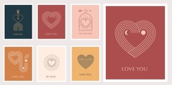 Minimalist Bohemian Valentine's day greeting cards, wall art prints. Heart, lips, sun and rainbow, design templates, geometric abstract design elements for decoration