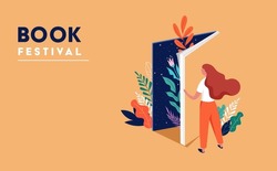 Book festival concept. Young woman opening a huge open book surrounding the many flowers, leaves, plants. Back to school, library concept design. Vector illustration, poster and banner
